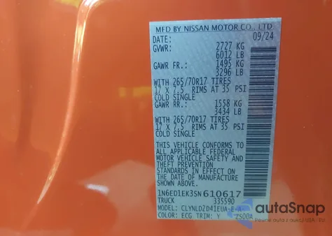 2025 Nissan Frontier Pro-4X 4X4 z USA, uszkodzony, nr VIN 1N6ED1EK3SN610617